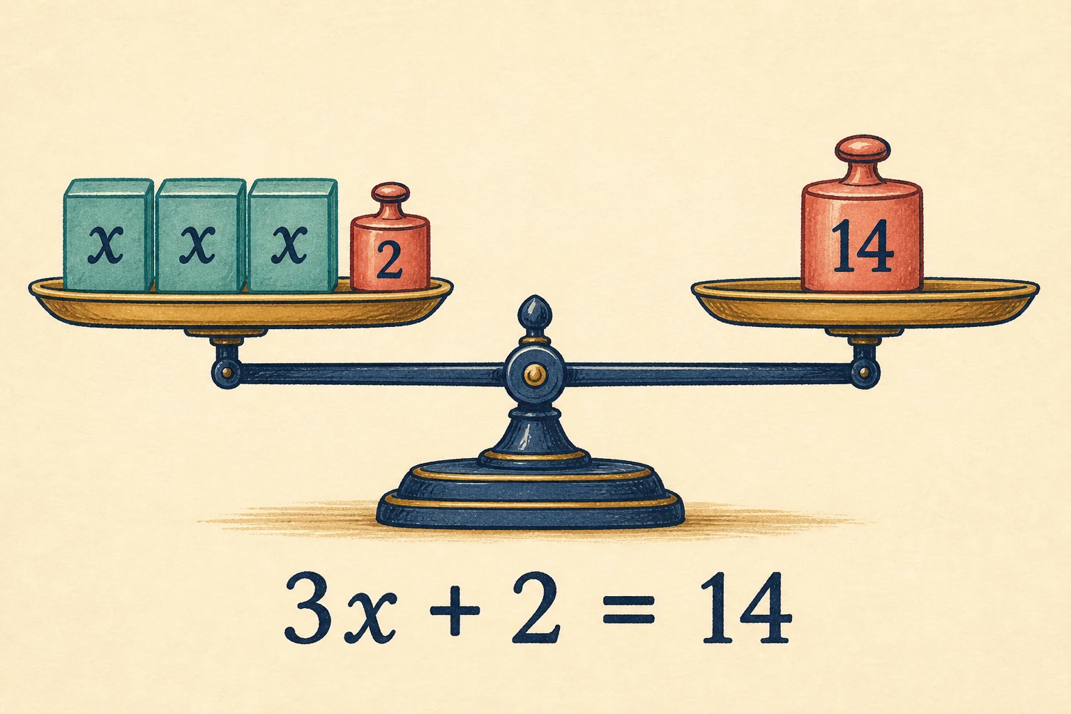 Balanza equilibrada: en el platillo izquierdo hay tres cajas idénticas marcadas x y una pesa marcada 2; en el derecho hay una pesa marcada 14. Debajo aparece 3x + 2 = 14.