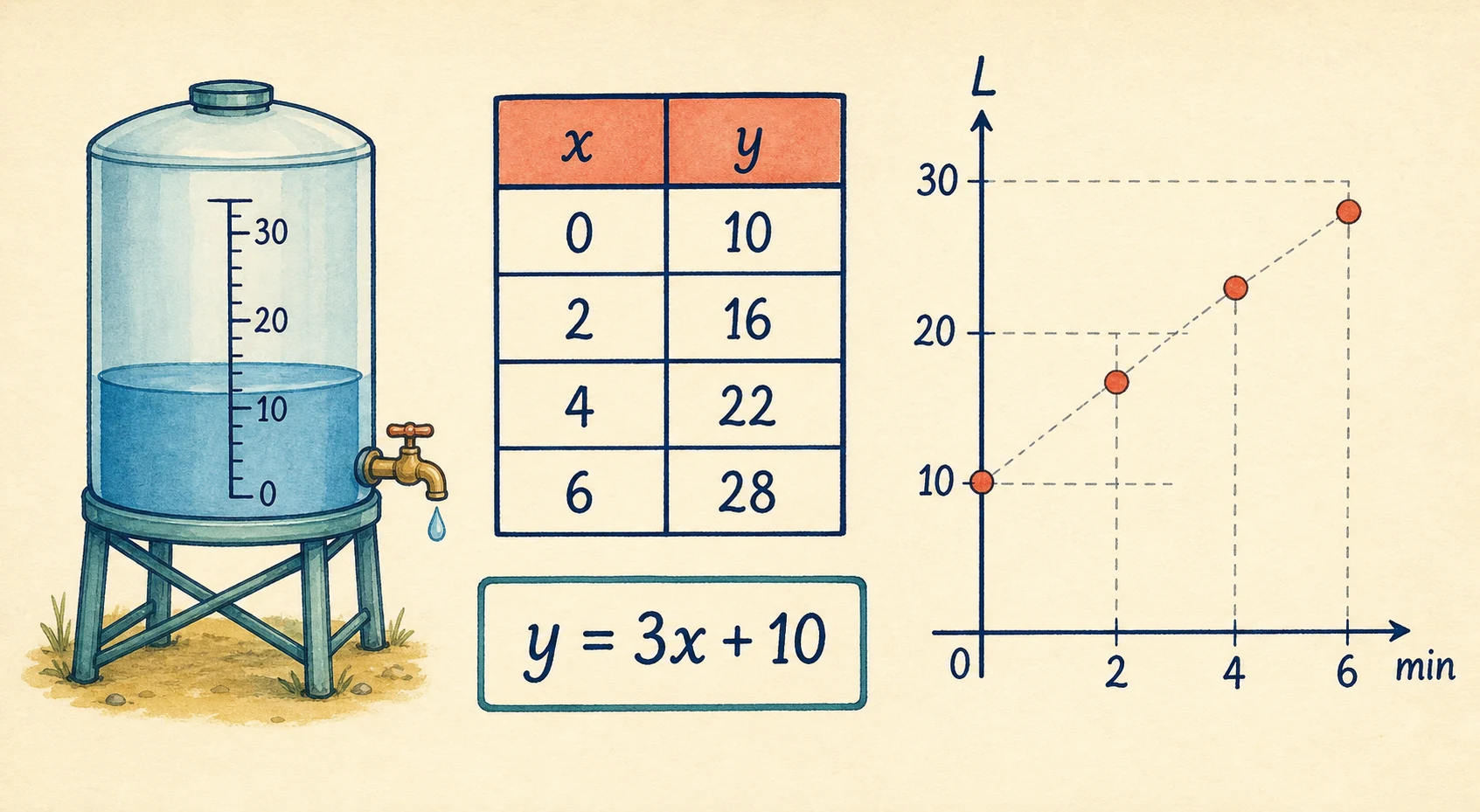 Depósito de agua con tabla de tiempo y volumen: (0,10), (2,16), (4,22), (6,28); expresión y = 3x + 10 y gráfica con esos cuatro puntos sobre ejes minutos y litros.
