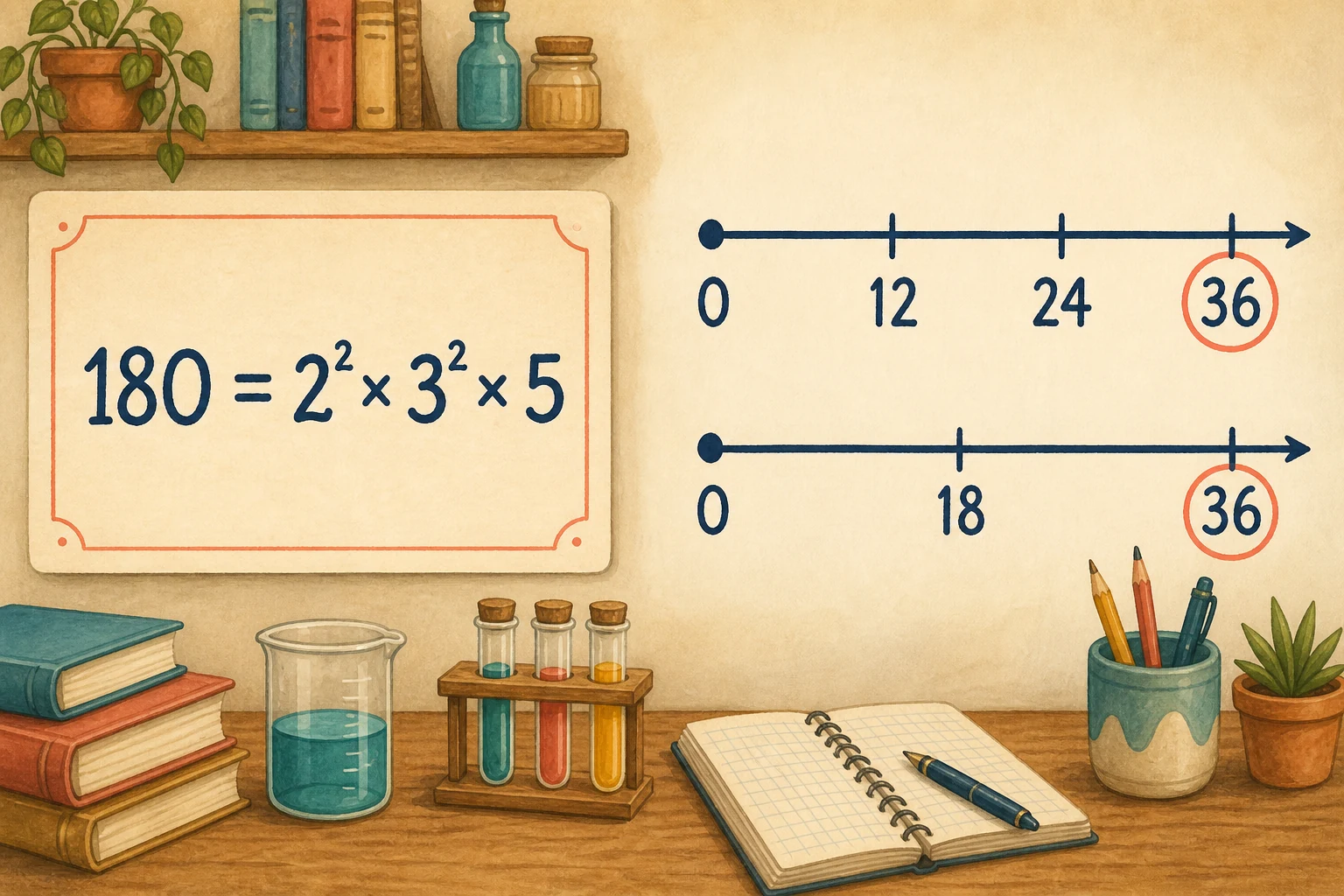 Laboratorio matemático con la tarjeta 180 = 2² × 3² × 5; dos líneas temporales marcan 0, 12, 24 y 36, y 0, 18 y 36, con el 36 común resaltado.