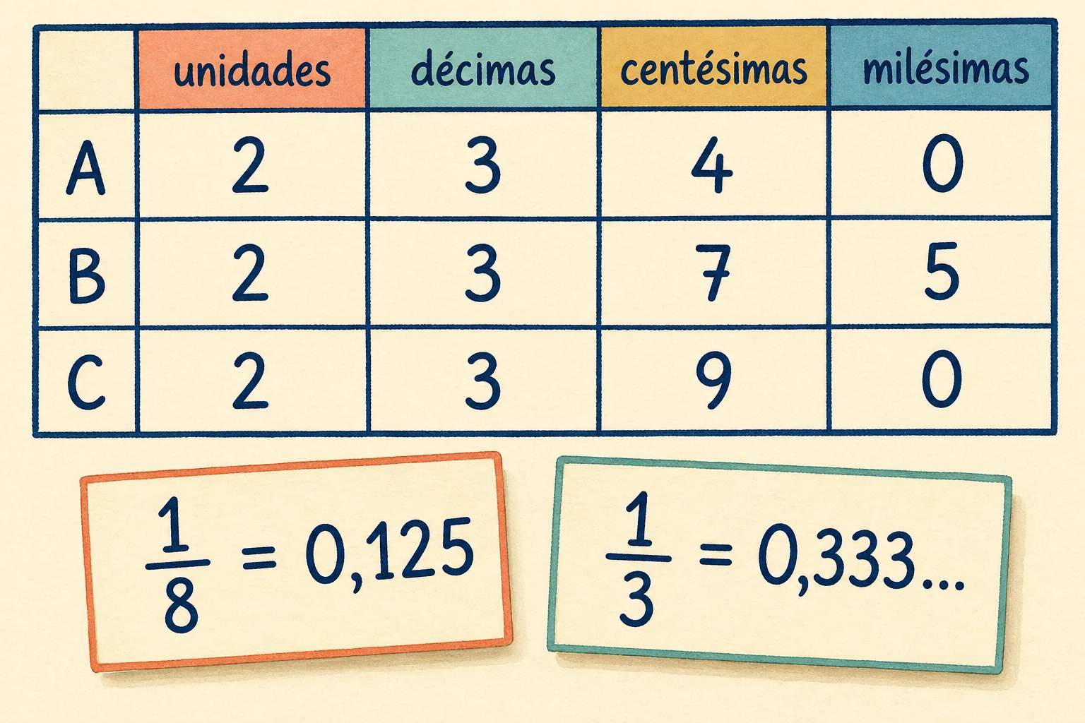 Tabla de valor posicional con A = 2,340, B = 2,375 y C = 2,390 en unidades, décimas, centésimas y milésimas; debajo, 1/8 = 0,125 y 1/3 = 0,333…