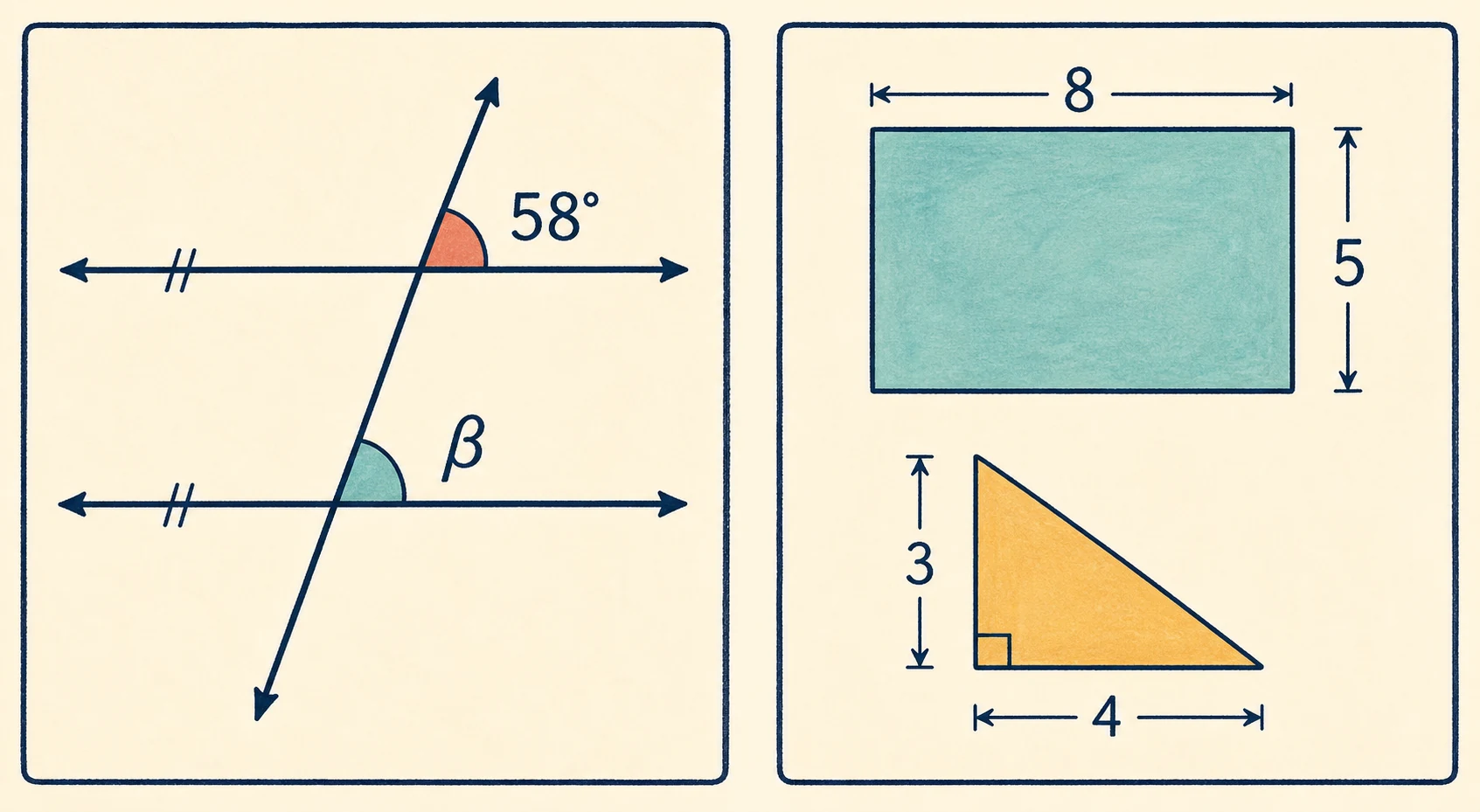 Dos rectas paralelas cortadas por una transversal: un ángulo mide 58° y el correspondiente está marcado con beta. Al lado aparecen, separados, un rectángulo de 8 por 5 unidades y un triángulo rectángulo de base 4 y altura 3.