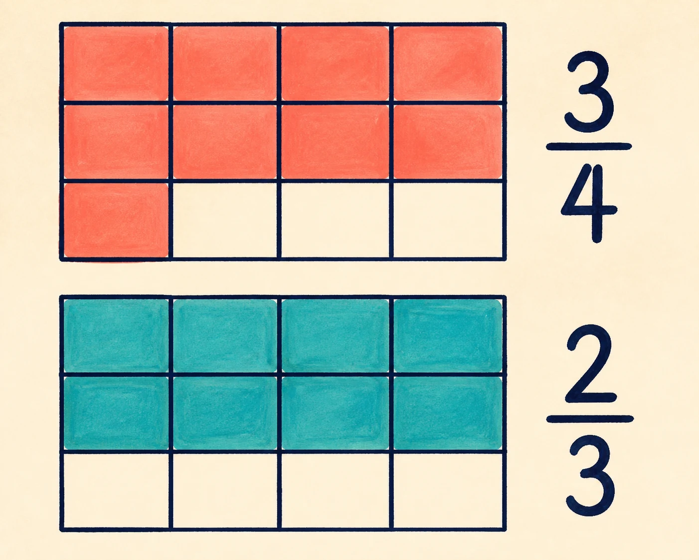 Dos cuadrículas iguales de cuatro columnas y tres filas: la superior colorea nueve de doce celdas y se etiqueta 3/4; la inferior colorea ocho y se etiqueta 2/3.
