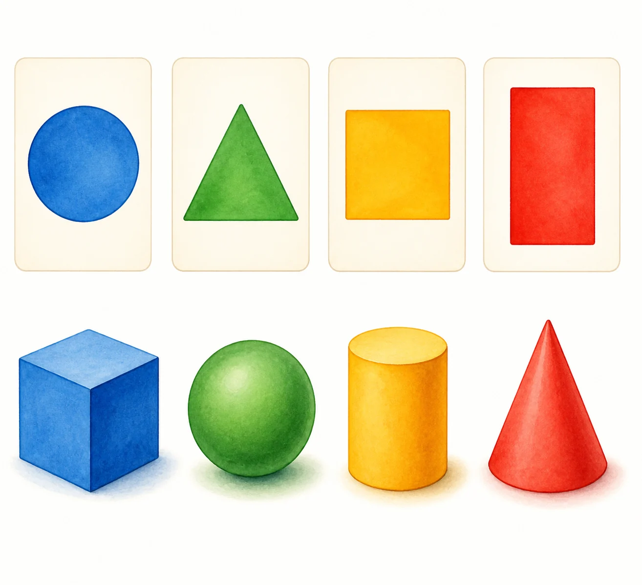 Ciudad didáctica con tarjetas de círculo, triángulo, cuadrado y rectángulo junto a modelos de cubo, esfera, cilindro y cono, todos separados.