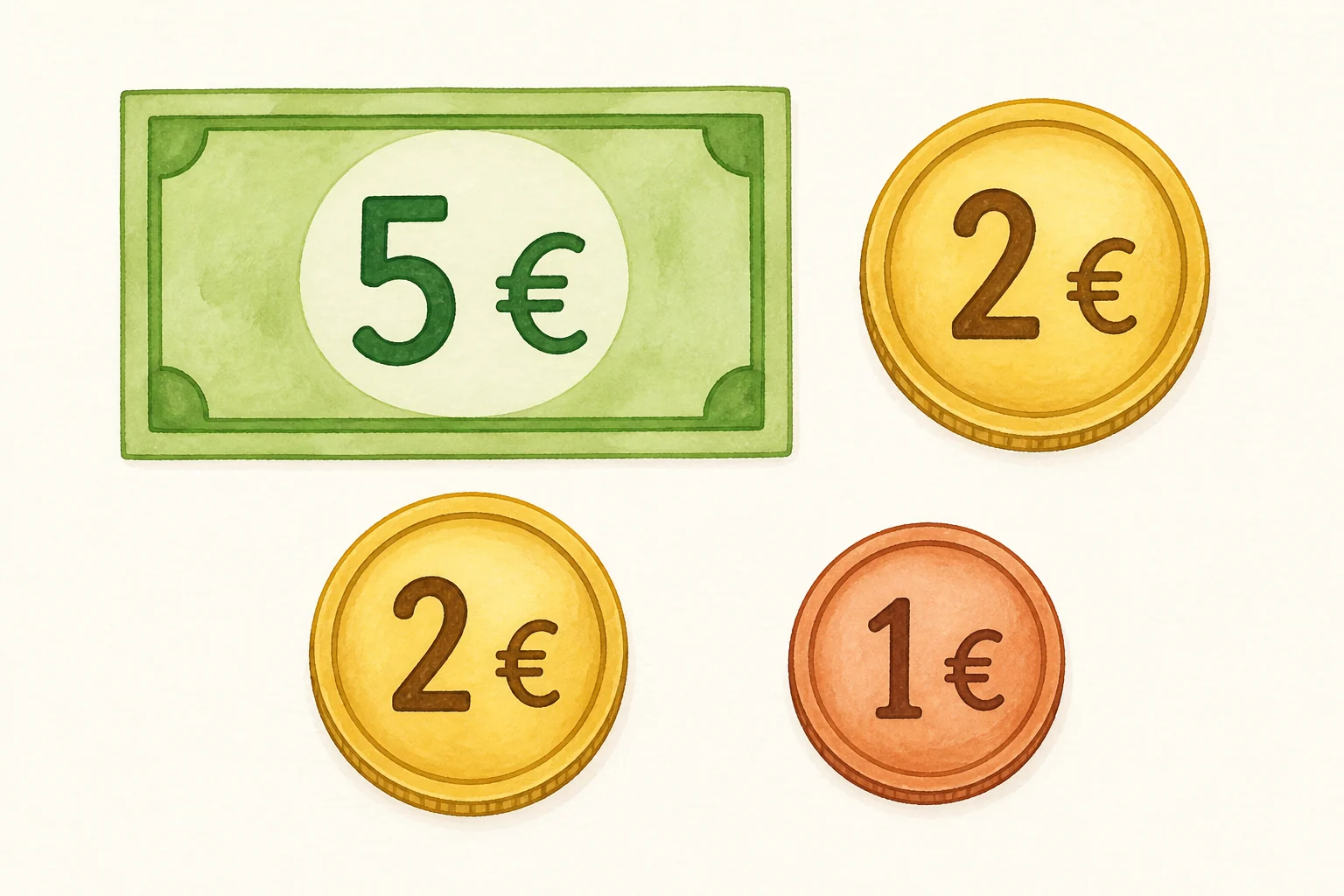 Mostrador infantil con un billete de 5 euros, dos monedas de 2 euros y una moneda de 1 euro, separados y legibles.