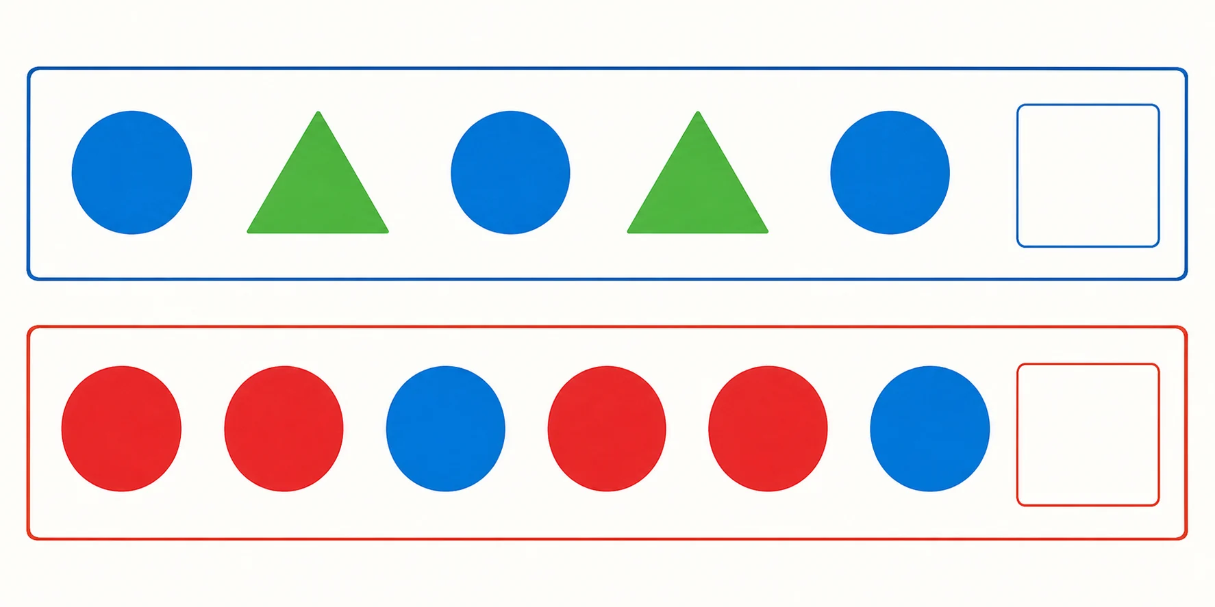 Dos guirnaldas horizontales: la primera muestra cinco elementos alternos —círculo, triángulo, círculo, triángulo, círculo— y deja un espacio final; la segunda repite rojo, rojo, azul dos veces y deja un espacio final.