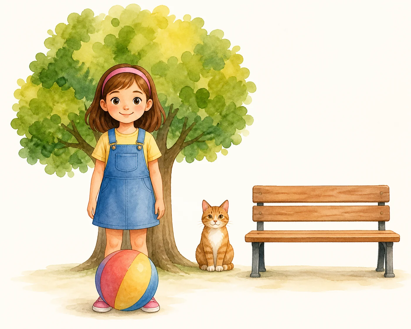 Parque visto con profundidad clara: una niña en el centro, un balón delante de ella, un árbol detrás, y un gato exactamente entre un banco y el árbol.