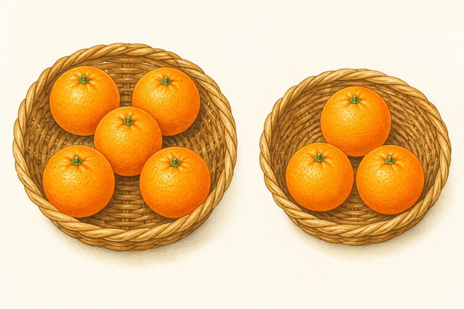 Dos cestas separadas: una contiene cinco naranjas y la otra contiene tres, todas visibles y sin números escritos.