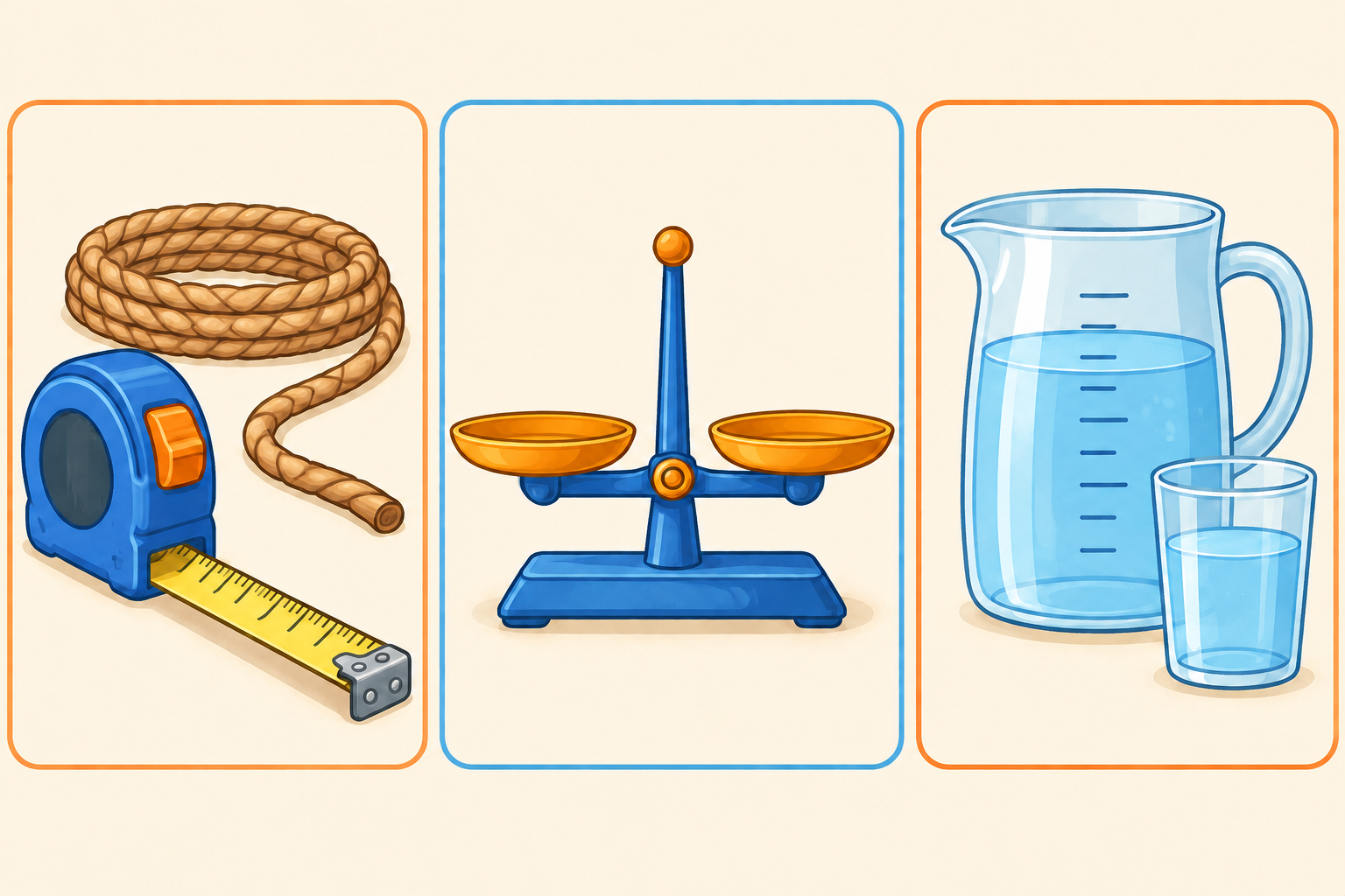 Tres estaciones separadas: una cinta métrica con una cuerda, una balanza de dos platos vacíos y nivelados, y una jarra graduada junto a un vaso.