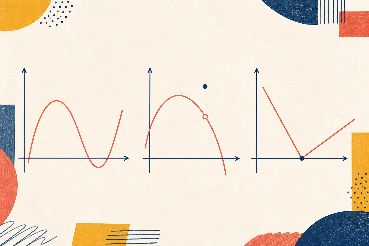 Tres gráficas comparan una curva continua y suave, una curva con un hueco reparable y una gráfica en forma de V continua con pendientes laterales distintas.