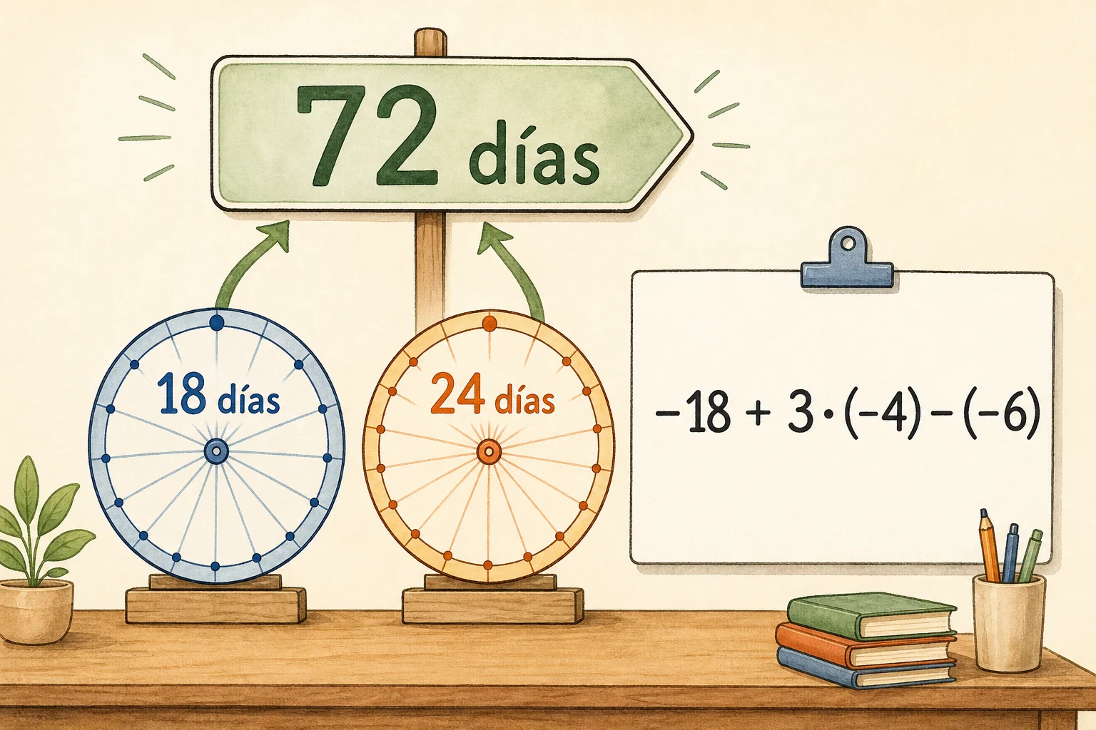 Panel de mantenimiento con dos ruedas temporales de 18 y 24 días que vuelven a coincidir en el día 72, y una tarjeta con la expresión −18 + 3 · (−4) − (−6).