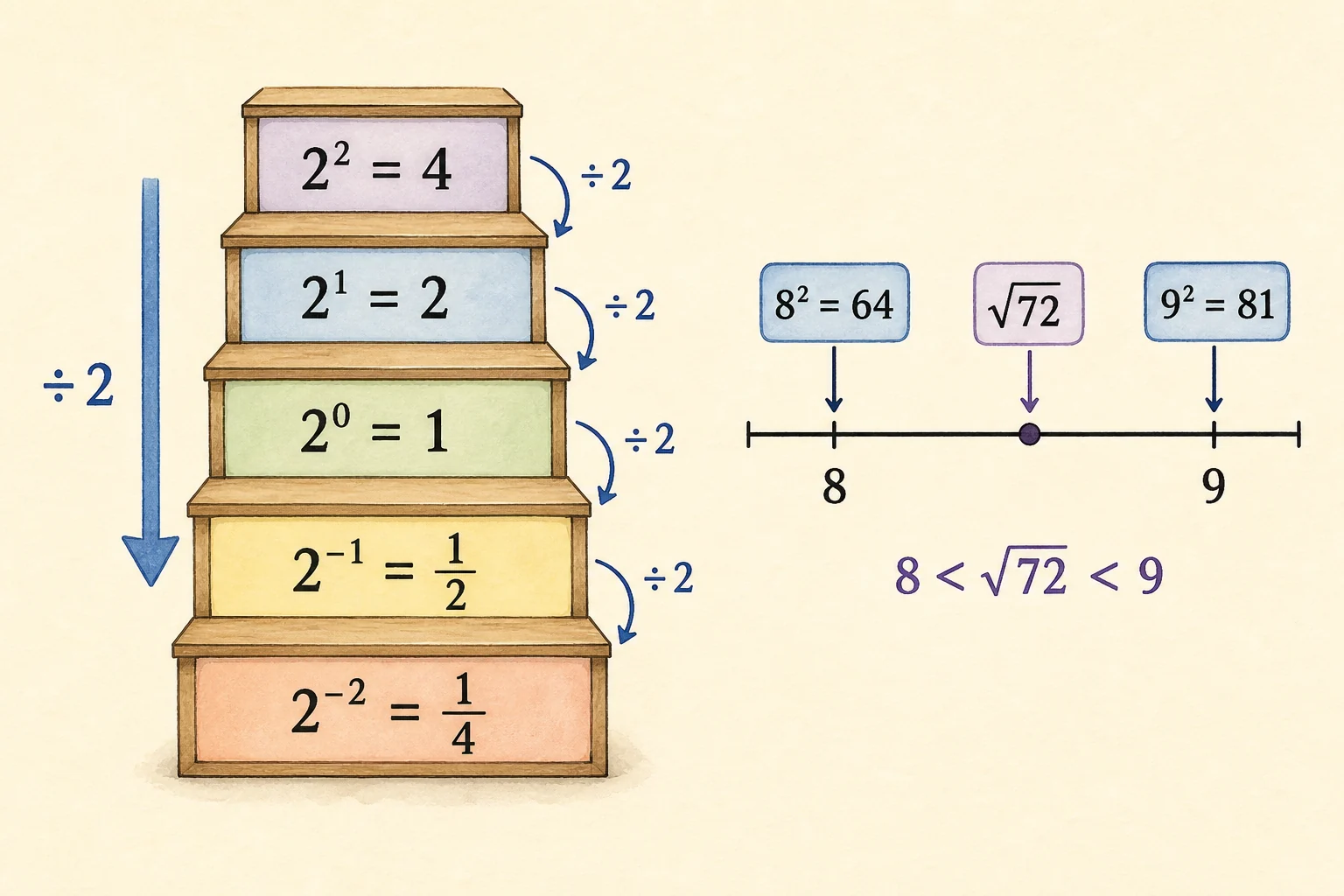 Escalera de potencias de base 2 desde 2³ = 8 hasta 2⁻³ = 1/8, con cada descenso dividido entre 2; al lado, cuadrados de áreas 49, 64 y 72 para situar √72 entre 8 y 9.