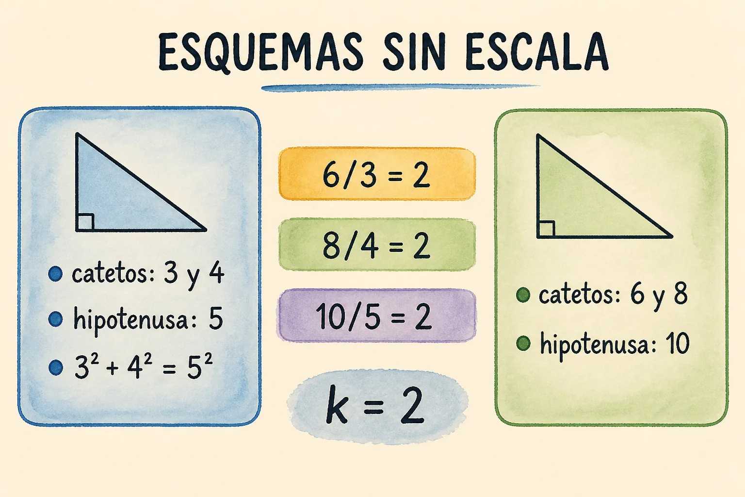 Dos esquemas sin escala de triángulos rectángulos: uno con catetos 3 y 4 e hipotenusa 5; otro con catetos 6 y 8 e hipotenusa 10. Entre ellos aparecen las razones 6/3, 8/4 y 10/5, todas iguales a 2.