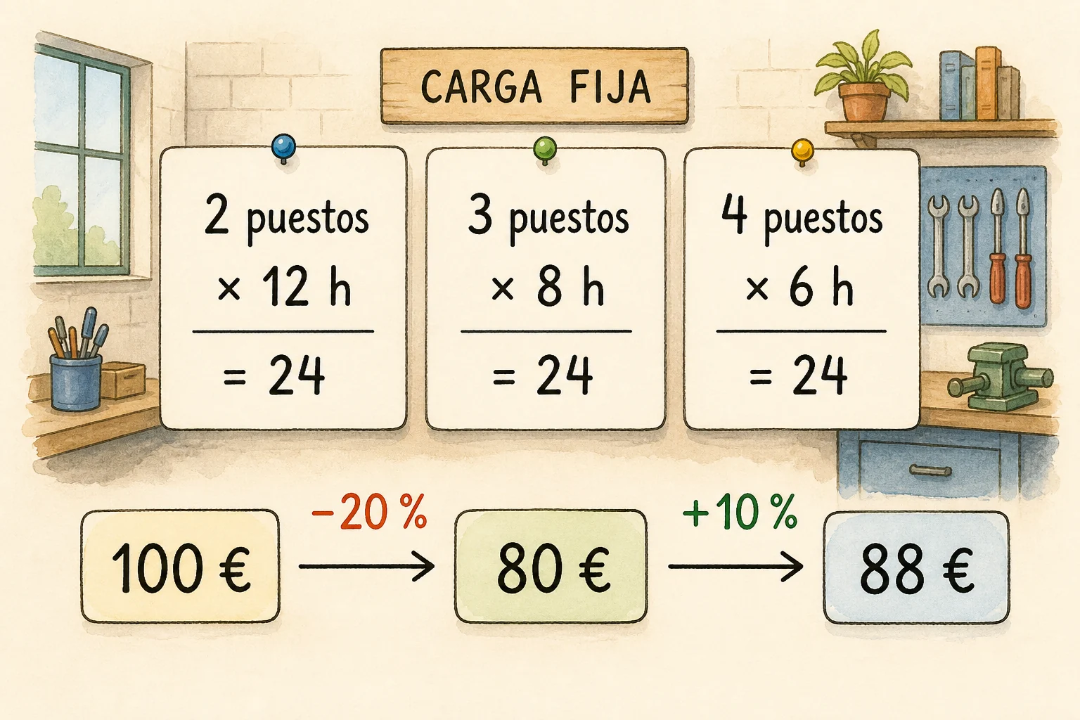 Taller con tres tarjetas de carga fija: 2 puestos y 12 horas, 3 puestos y 8 horas, 4 puestos y 6 horas; todas muestran producto 24. Debajo, precio 100 €, después 80 € y finalmente 88 €.