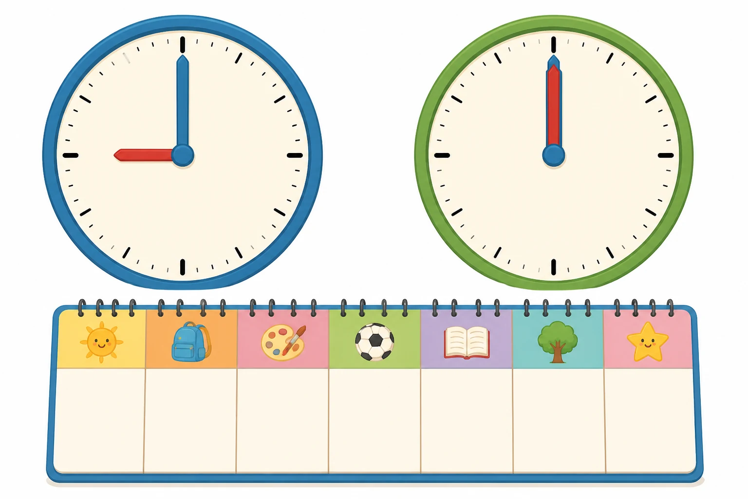 Dos relojes analógicos: el primero marca las nueve en punto y el segundo las doce en punto, junto a una agenda semanal ilustrada.