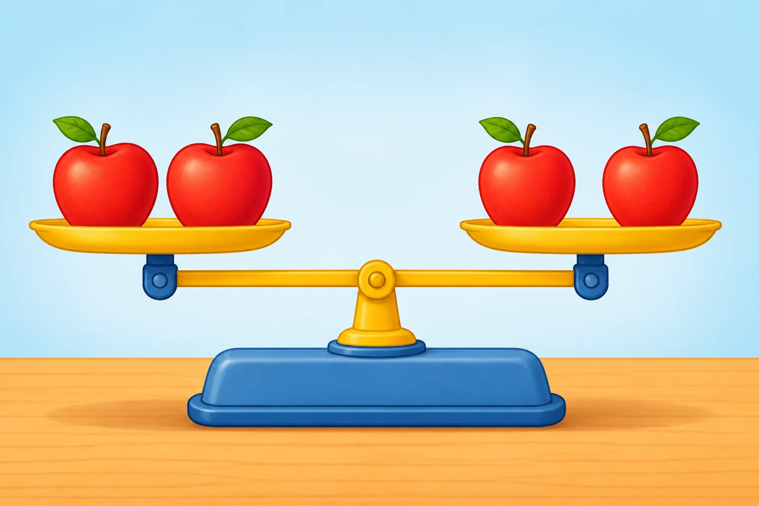 Una balanza nivelada con dos manzanas en el plato izquierdo y una manzana más otra manzana en el derecho.