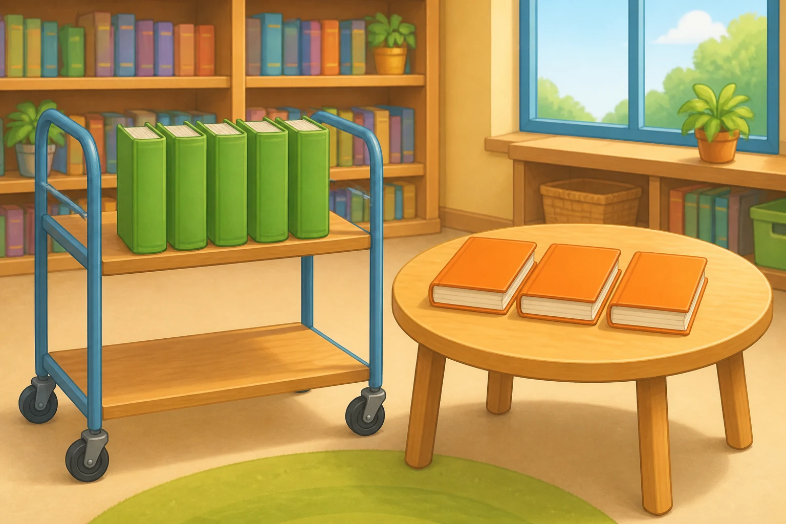 Cinco libros verdes en un carro de biblioteca y tres libros naranjas sobre una mesa próxima.