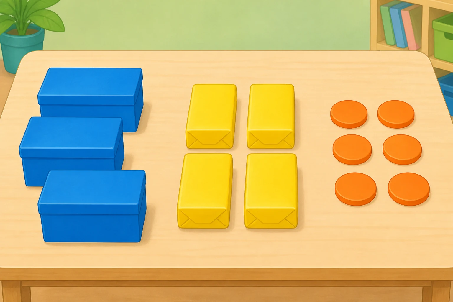 Tres cajas azules grandes, cuatro paquetes amarillos y seis fichas naranjas sueltas, ordenados en tres zonas.