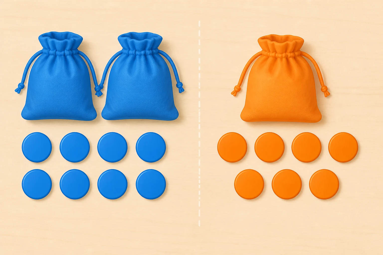 Dos bolsas azules y ocho fichas azules junto a una bolsa naranja y siete fichas naranjas, preparadas para juntarse.