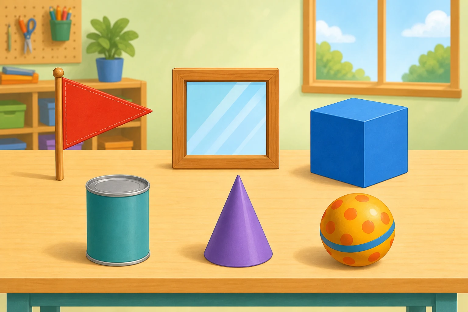 Taller infantil con un banderín triangular, una ventana plana de cuatro lados, una caja cúbica, una lata cilíndrica, un cono y una pelota esférica.