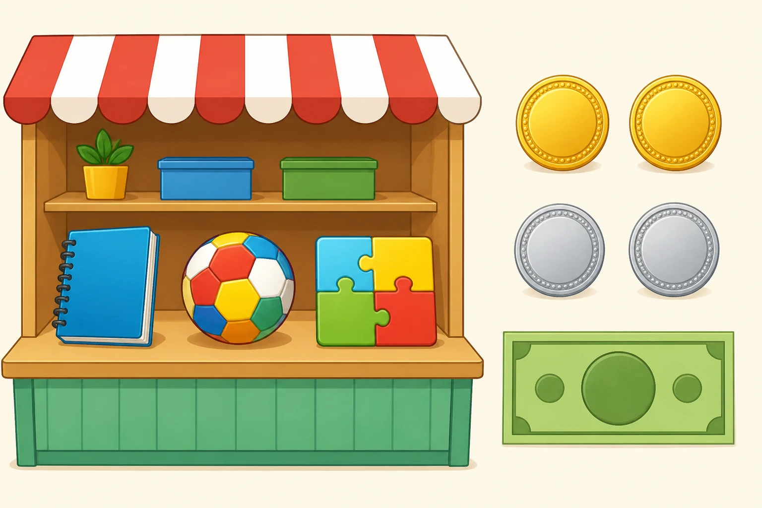 Una tienda escolar con dos monedas doradas, dos plateadas y un billete verde junto a tres productos distintos.