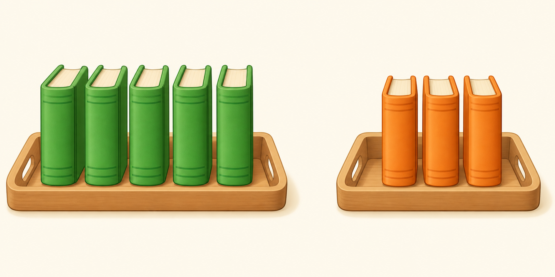 Dos bandejas separadas con exactamente cinco libros verdes y tres libros naranjas del mismo tamaño.