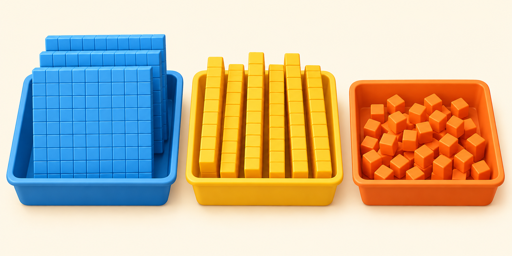 Tres bandejas separadas con placas azules grandes, barras amarillas medianas y cubitos naranjas pequeños.