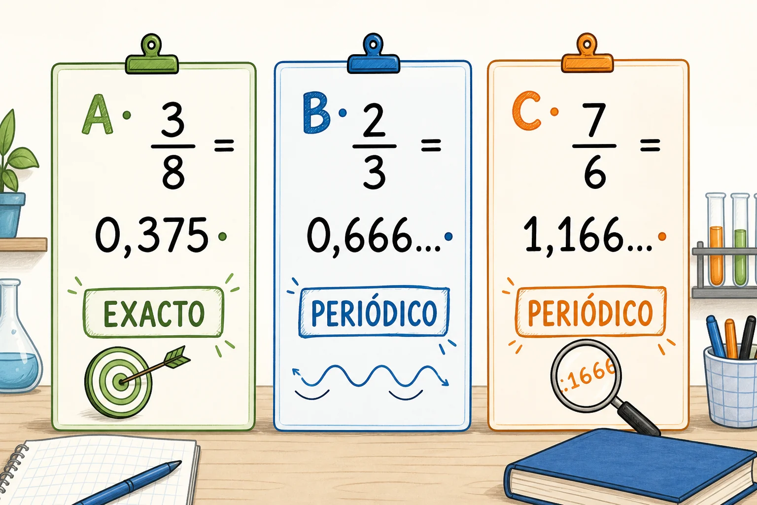 Tres tarjetas de laboratorio muestran A: 3/8 = 0,375 exacto; B: 2/3 = 0,666… periódico; y C: 7/6 = 1,166… periódico.