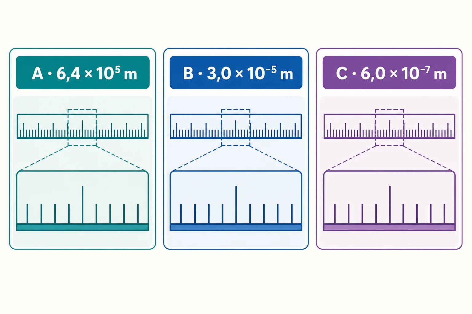 Panel de observatorio con tres medidas: A, 6,4 por 10 elevado a 5 metros; B, 3,0 por 10 elevado a menos 5 metros; C, 6,0 por 10 elevado a menos 7 metros.