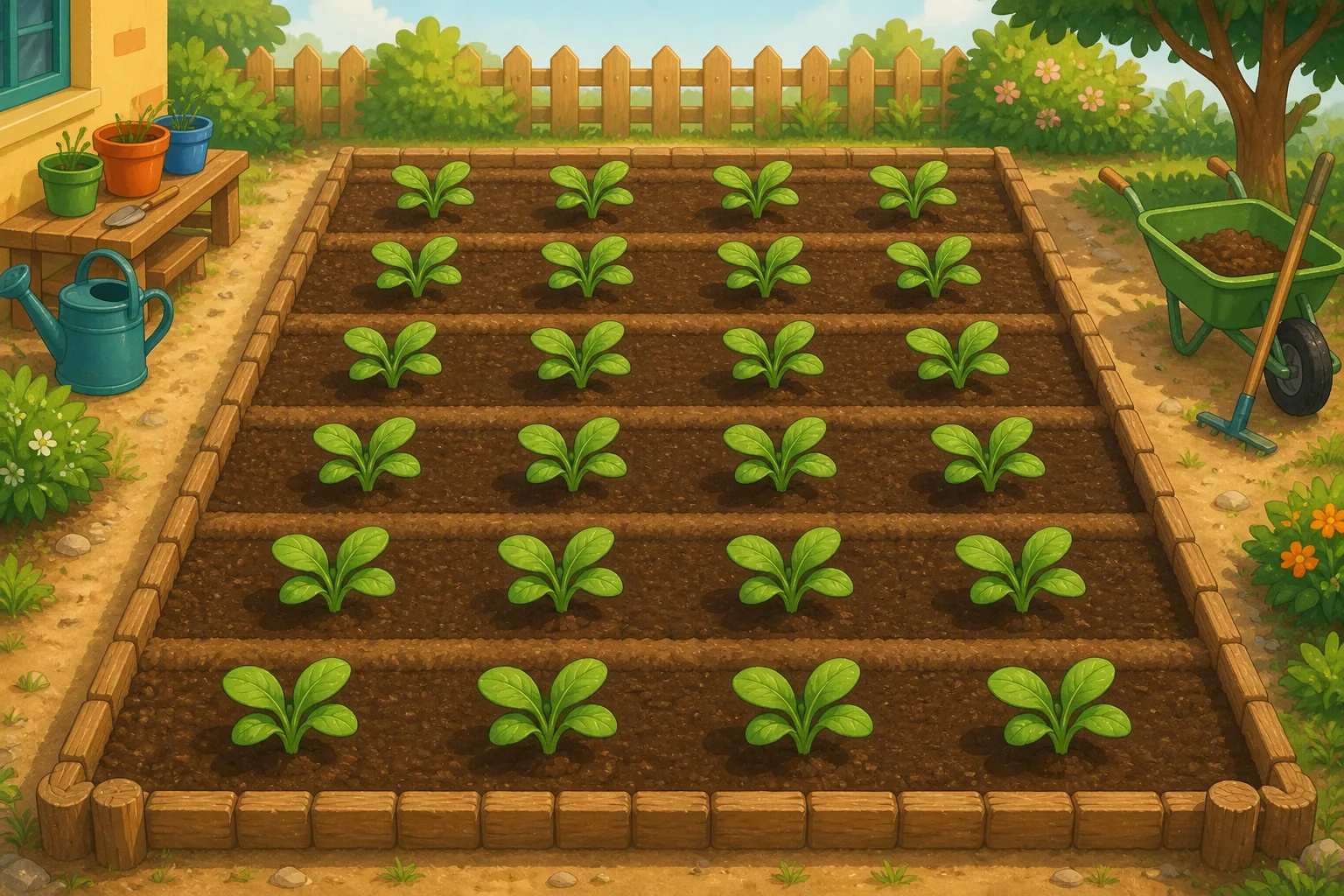Huerto escolar con seis filas rectas de cuatro plantas jóvenes, veinticuatro plantas en total.