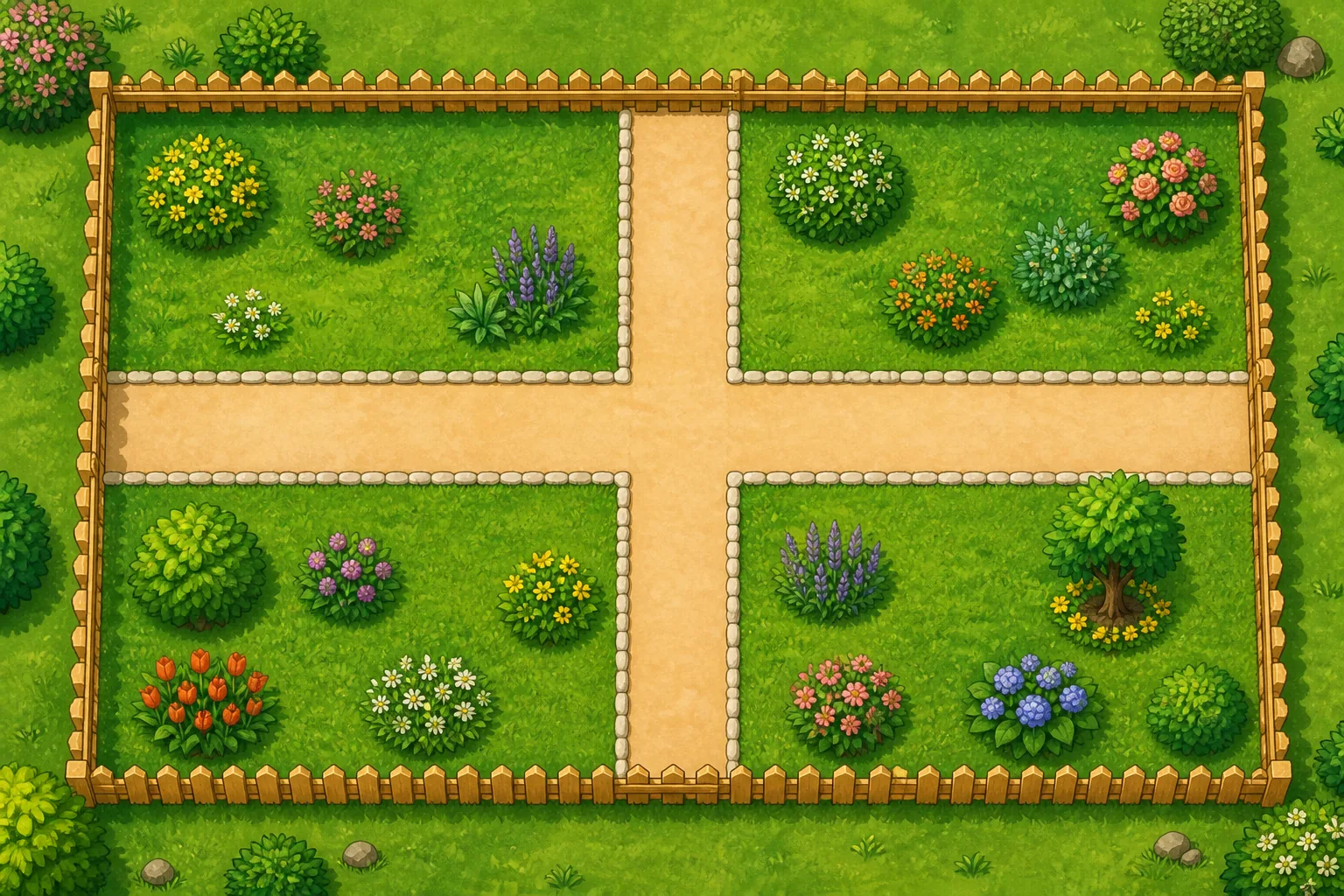 Jardín rectangular cercado con dos lados largos paralelos, dos lados cortos paralelos y senderos que se cruzan en ángulo recto.