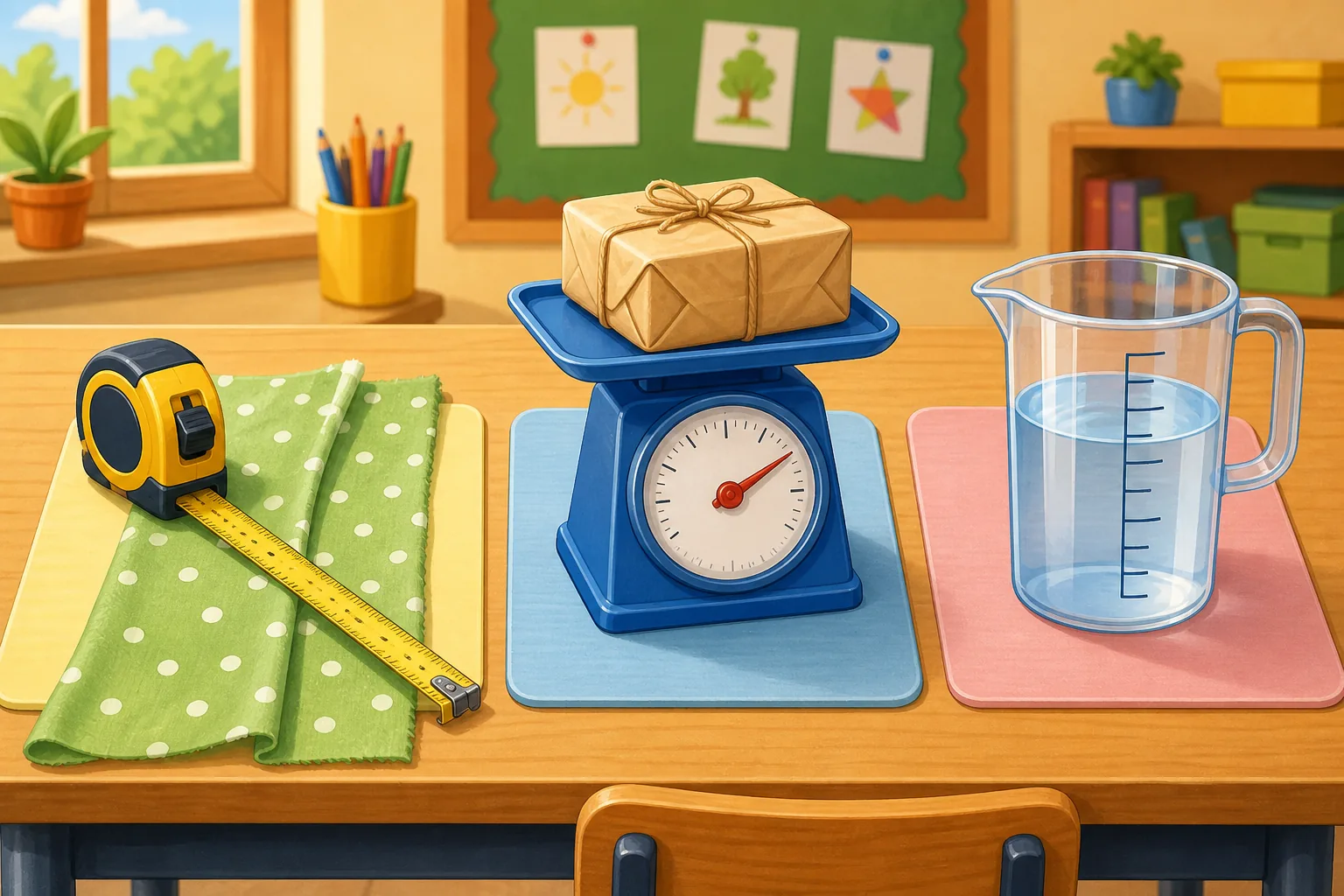 Mesa escolar con tres estaciones: una cinta midiendo una banda, una balanza con un paquete y una jarra graduada con agua.