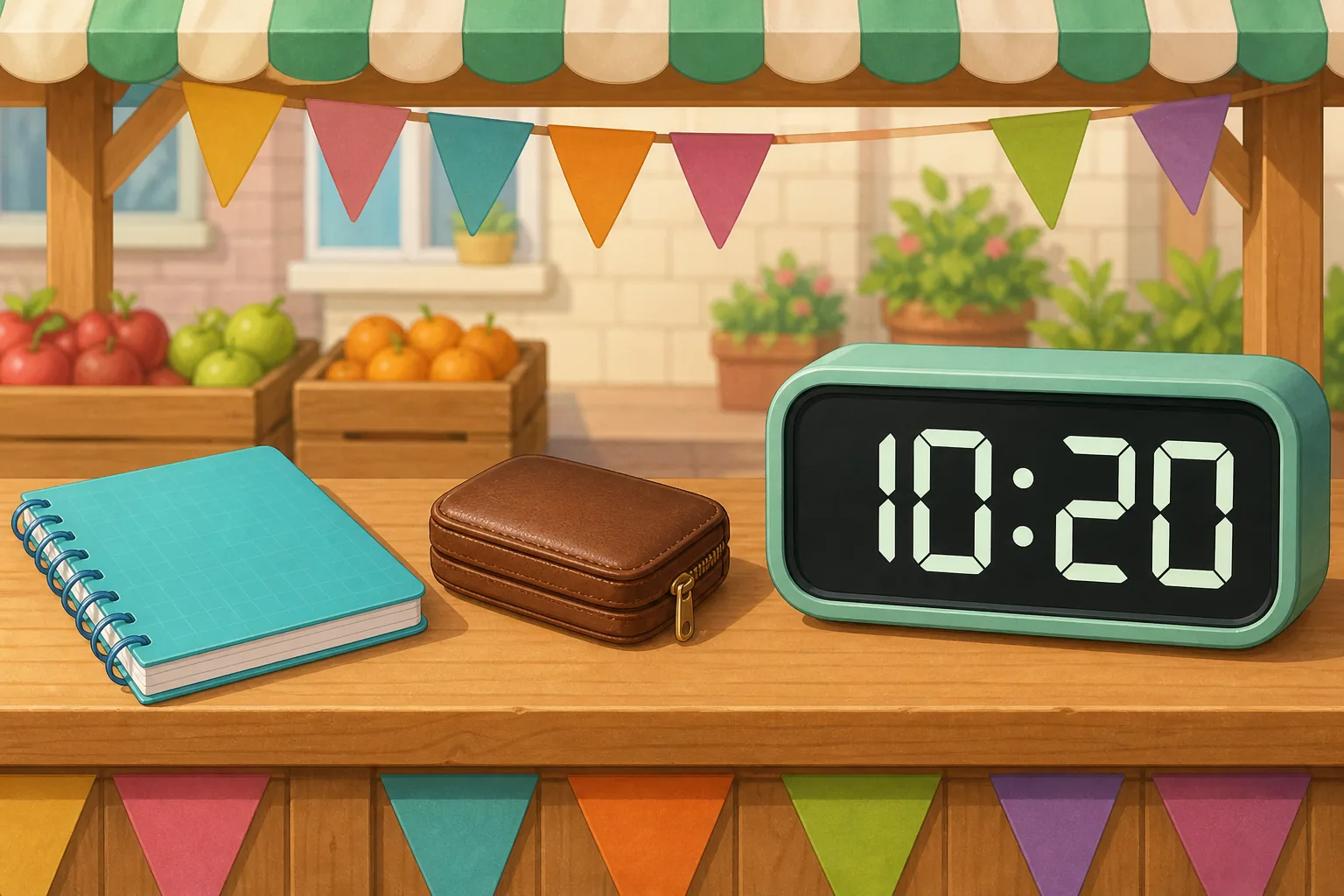 Puesto de mercado escolar con un reloj digital que muestra 10:20, una libreta y un monedero cerrado.