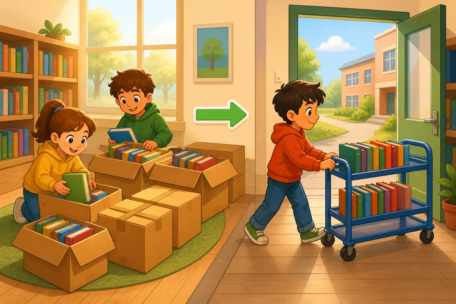 Biblioteca escolar con dos zonas de cajas de libros recibidas por la mañana y por la tarde y un carro de reparto separado.