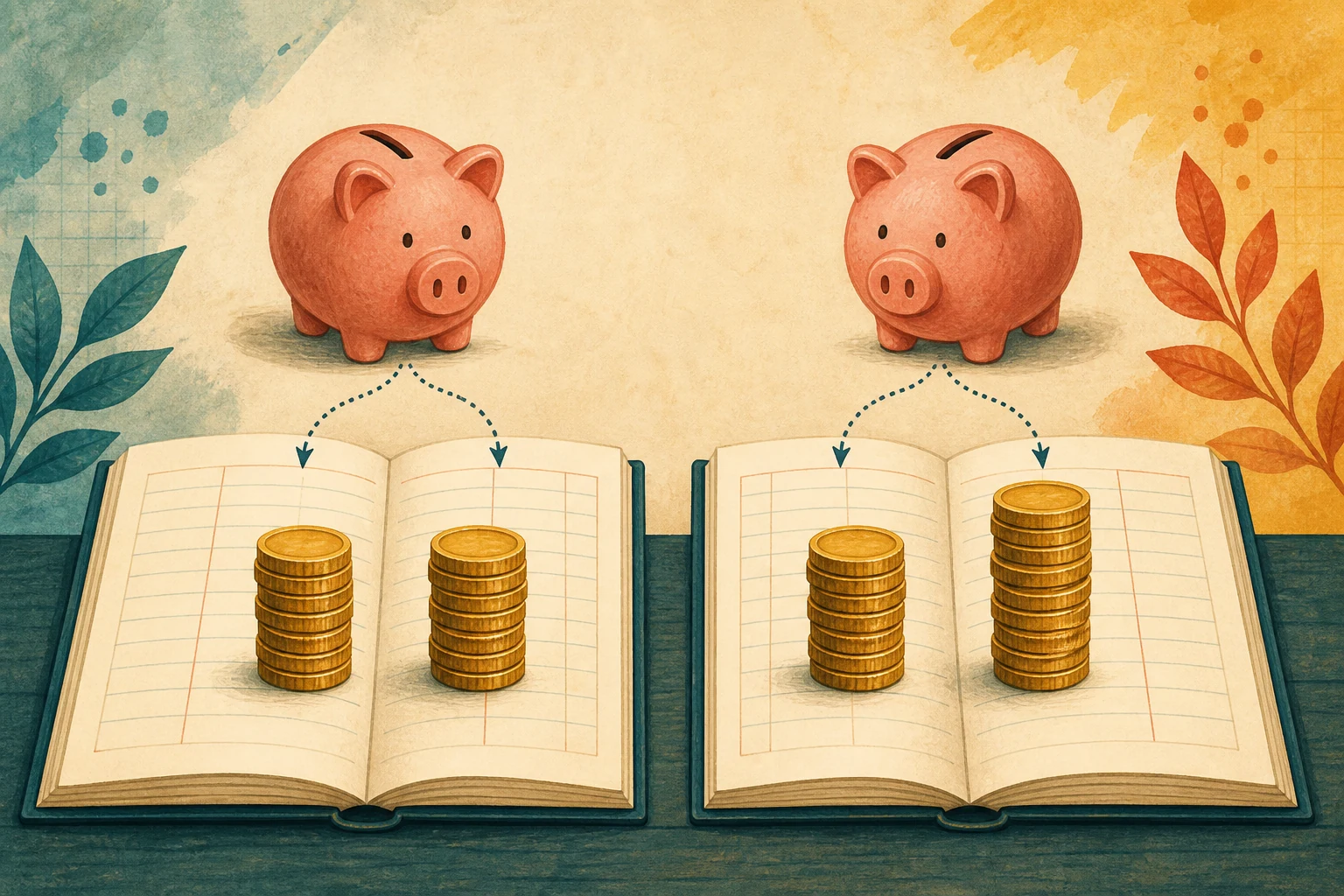 Dos cuadernos de ahorro ilustrados parten de la misma hucha; uno añade dos cantidades iguales y el otro muestra una segunda cantidad ligeramente mayor.