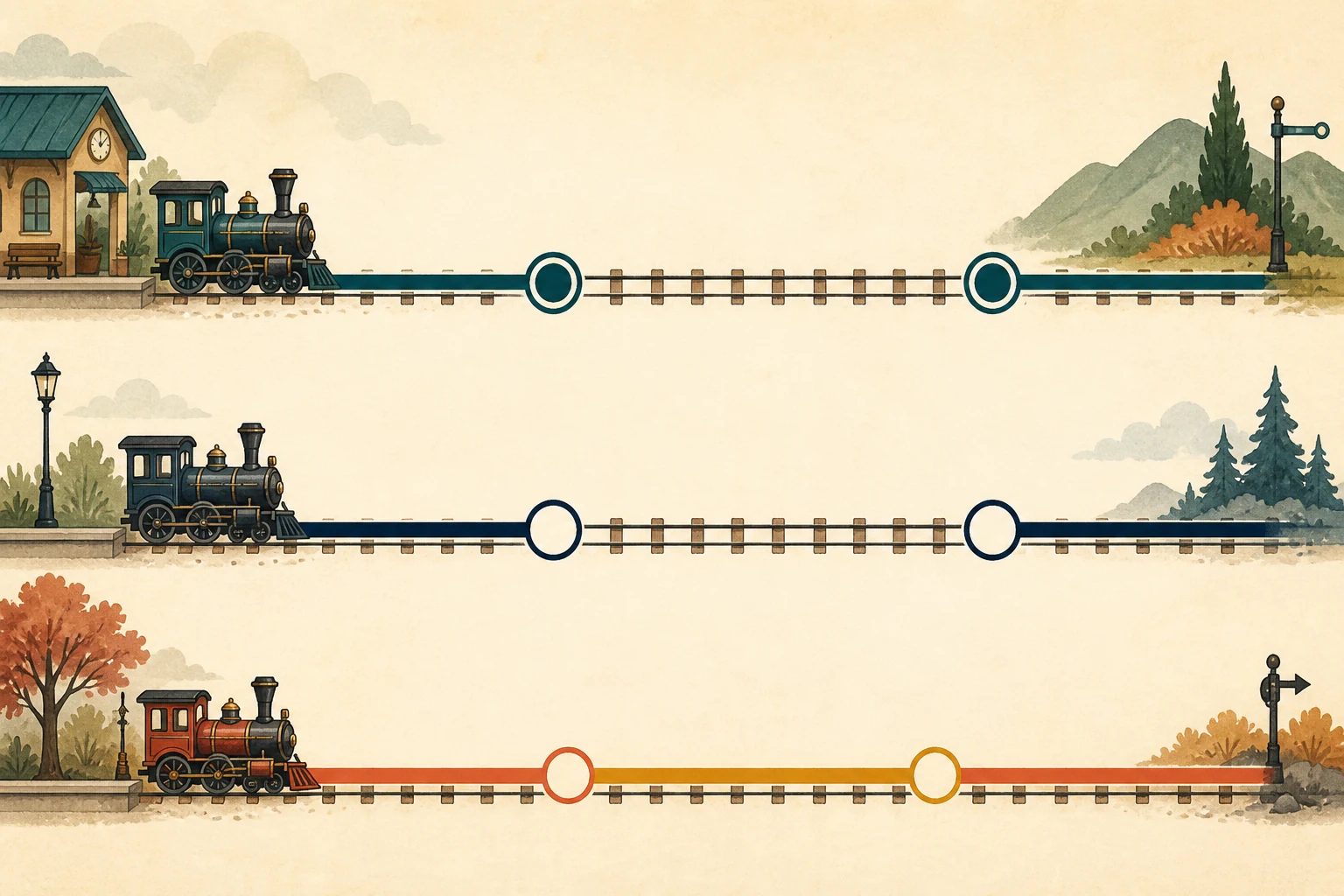 Una estación ilustrada con tres vías horizontales: una tiene dos extremos cerrados, otra dos extremos abiertos y la tercera muestra dos tramos que se solapan.