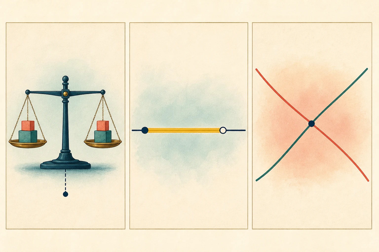 Tres expedientes ilustrados muestran una balanza equilibrada en un punto, una franja continua sobre una vía y dos caminos que se cruzan una sola vez.