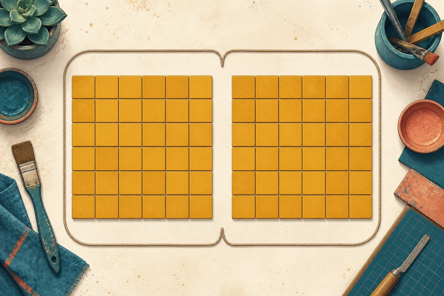 Un taller ilustrado muestra exactamente dos paneles cuadrados iguales; cada panel tiene seis filas y seis columnas de teselas, 36 por panel y 72 en total.