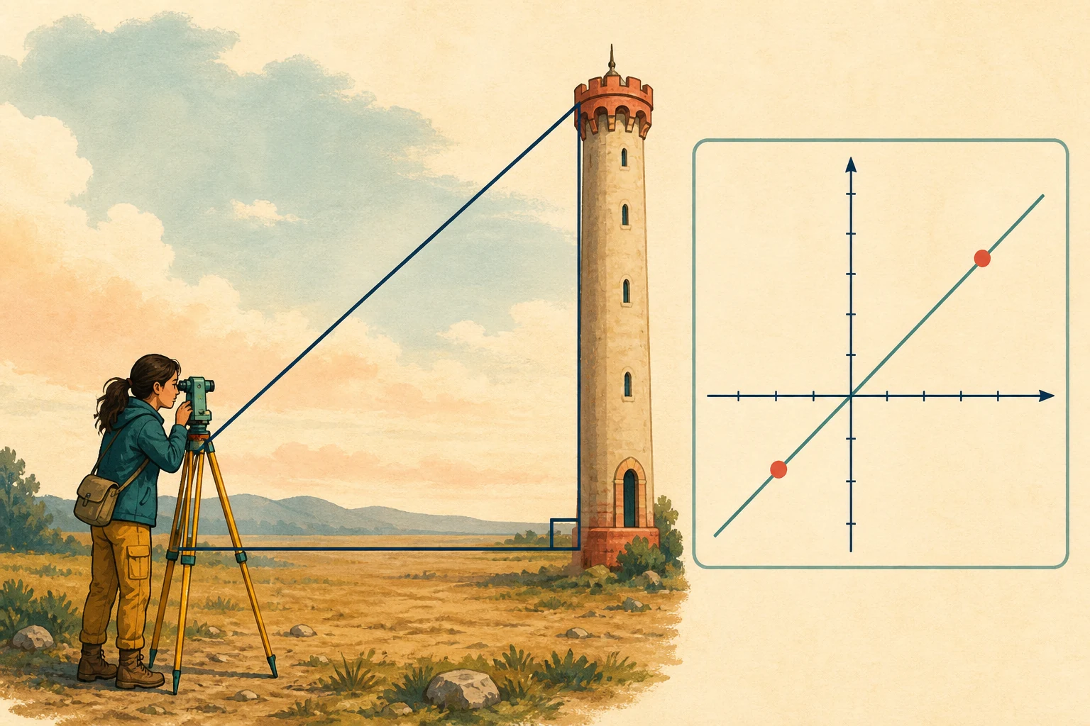 Una topógrafa observa una torre mediante una línea de visión; suelo, torre y línea forman un triángulo rectángulo, acompañado por un pequeño plano cartesiano con una recta ascendente.