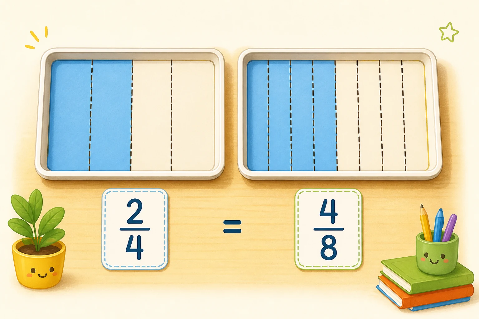 Dos bandejas rectangulares iguales: una dividida en cuatro partes con dos marcadas y otra en ocho partes con cuatro marcadas.