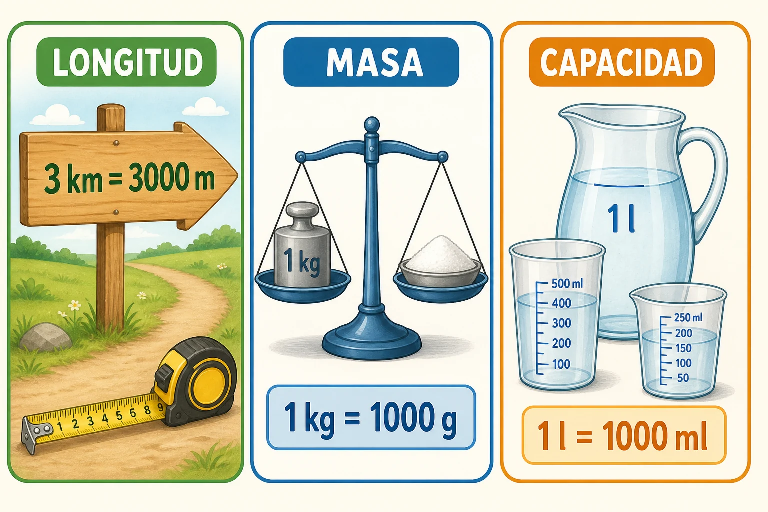 Estación escolar con una ruta señalada en kilómetros y metros, una balanza con kilogramo y gramos y dos recipientes en litros y mililitros.