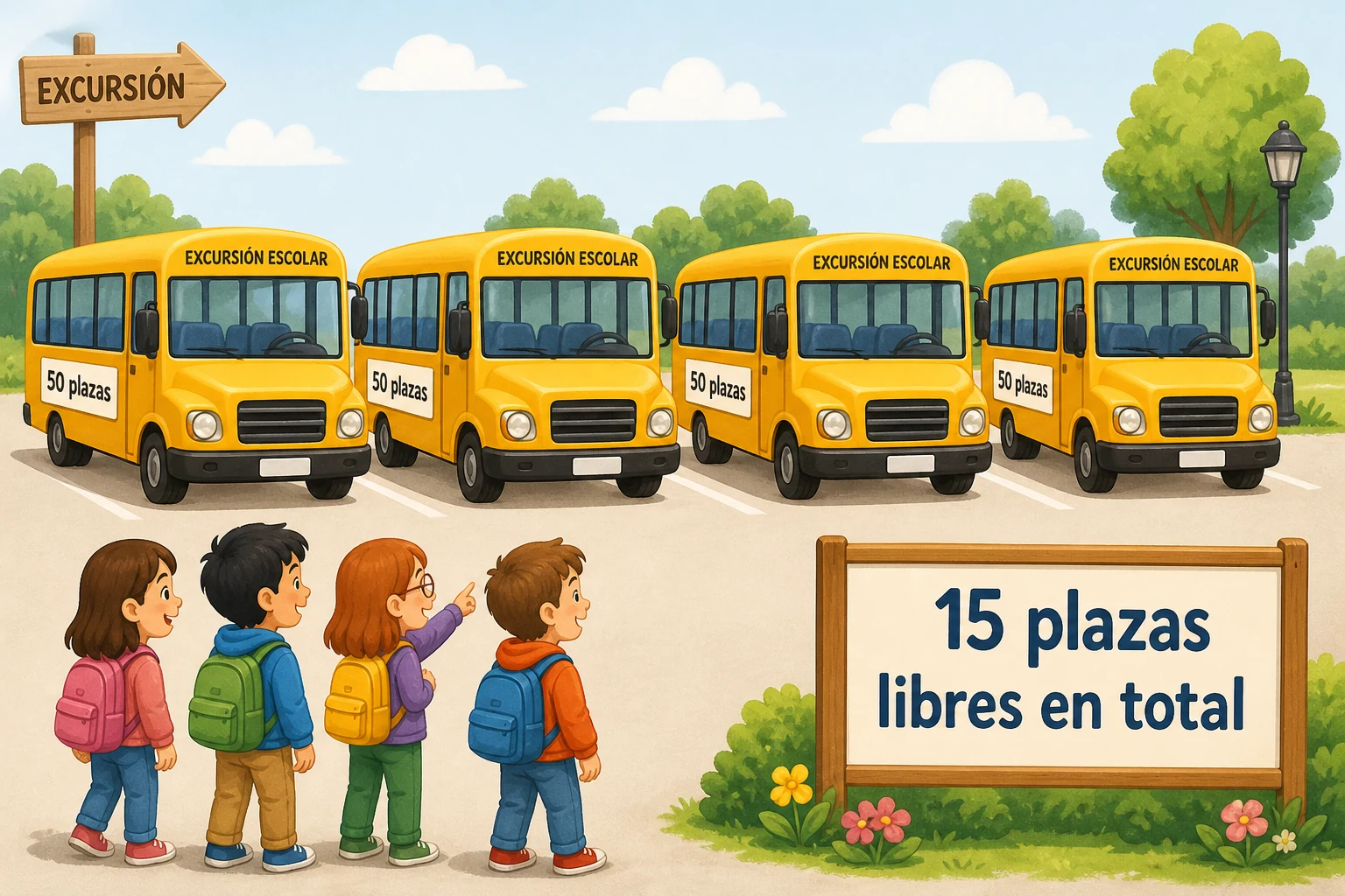 Cuatro autobuses escolares de cincuenta plazas y un panel separado que indica quince asientos libres en total.