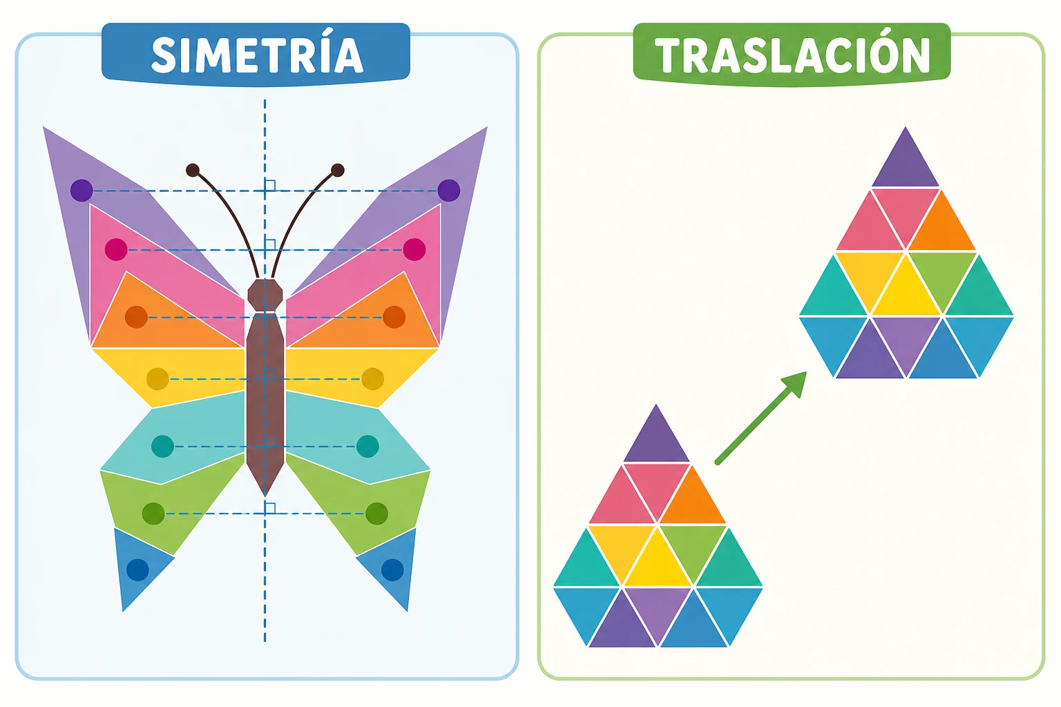 Dos paneles: una mariposa geométrica reflejada respecto de un eje vertical y dos mosaicos triangulares idénticos unidos por una flecha.