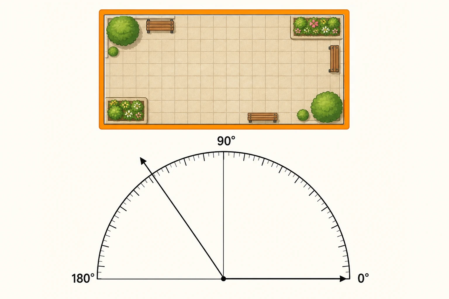 Plaza escolar rectangular con un recorrido marcado por sus cuatro lados y un transportador grande centrado sobre un ángulo abierto independiente.
