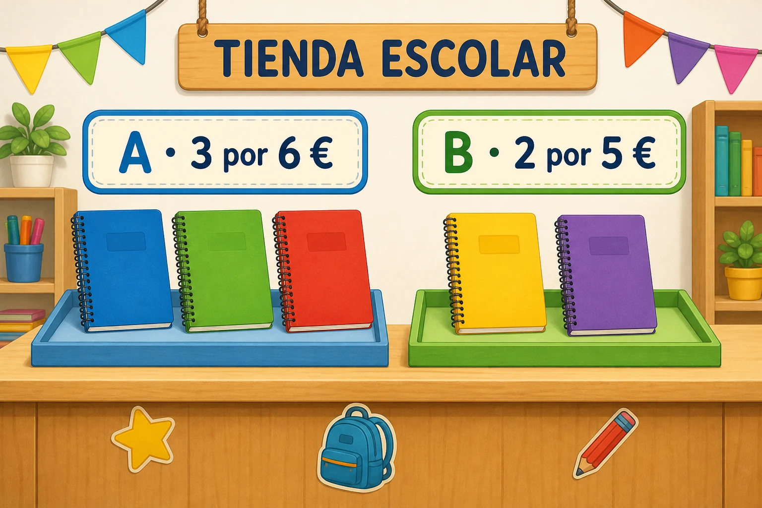 Tienda escolar con una oferta A de tres cuadernos por seis euros y una oferta B de dos cuadernos por cinco euros.