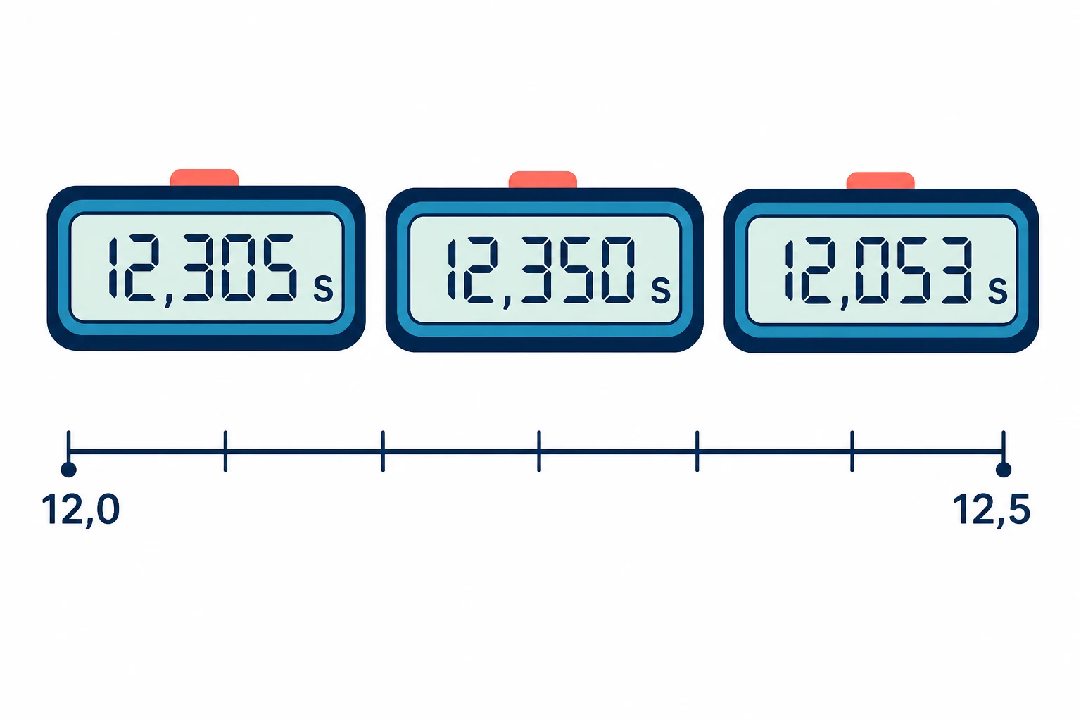 Mesa de cronometraje escolar con tres visores separados que muestran 12,305 s, 12,350 s y 12,053 s, junto a una recta ampliada de 12,0 a 12,5.