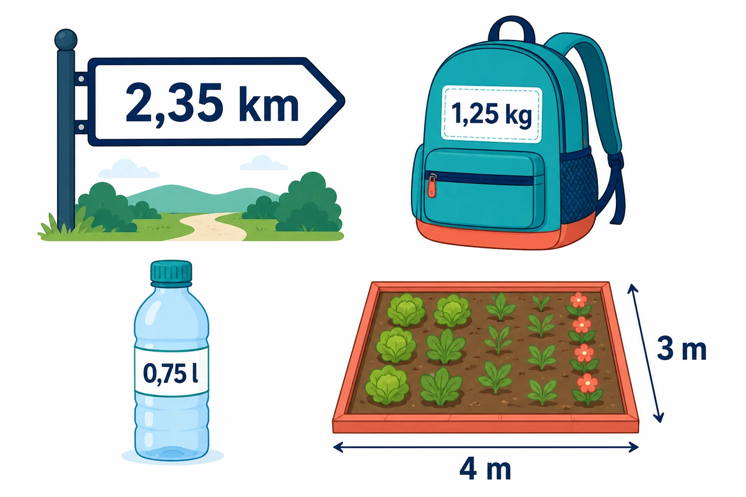 Estación de medición con una ruta señalada de 2,35 km, una mochila de 1,25 kg, una botella de 0,75 l y una parcela rectangular de 3 m por 4 m.