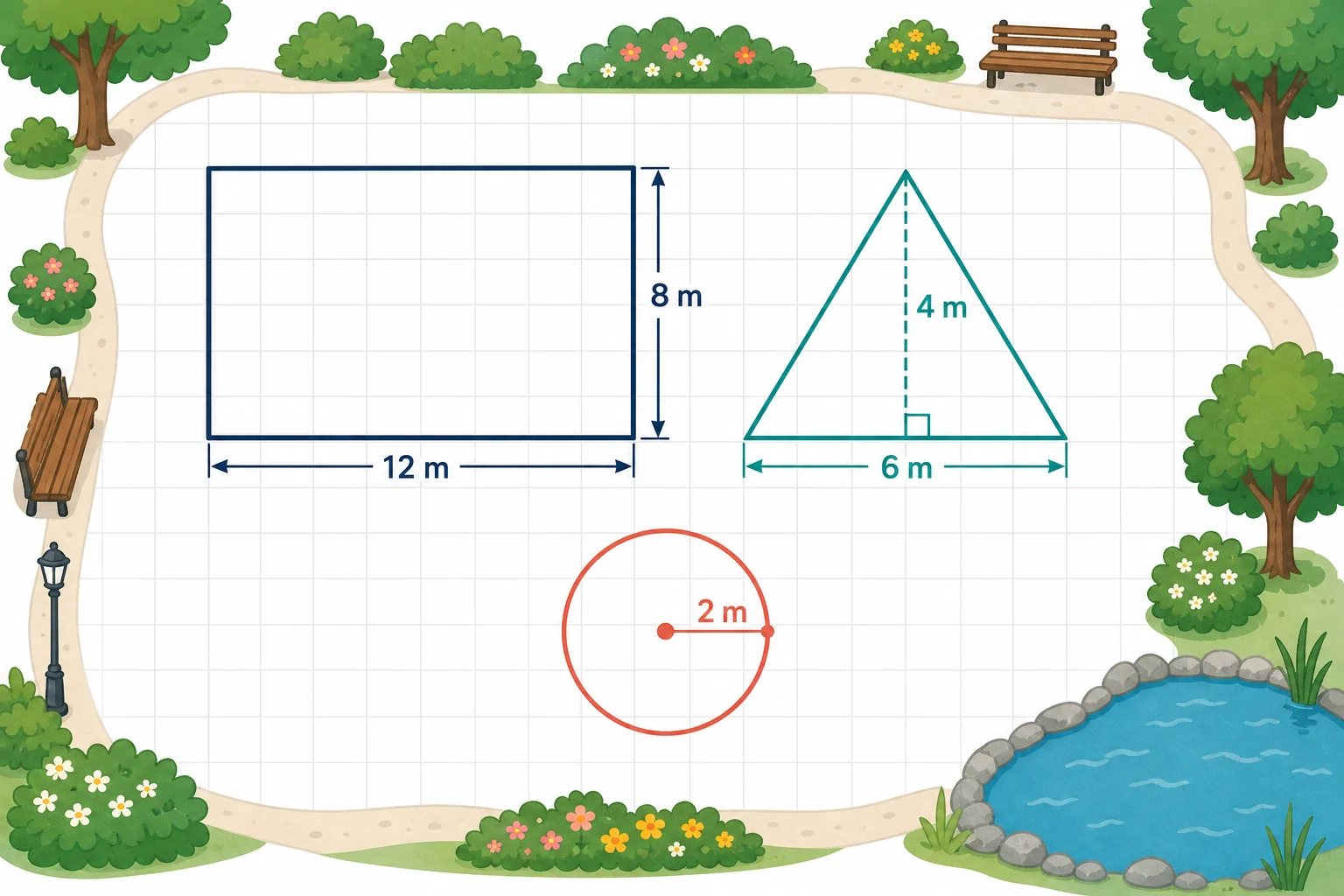 Plano de un parque sobre cuadrícula: recinto rectangular de 12 m por 8 m, parterre triangular con base 6 m y altura perpendicular 4 m, y estanque circular de radio 2 m.