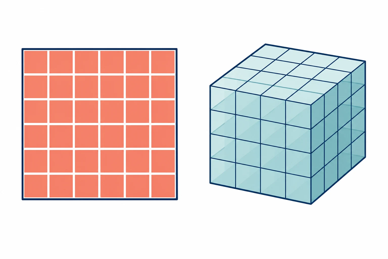 Plaza matemática con un mosaico cuadrado de seis filas por seis baldosas y un cubo transparente formado por cuatro capas de cuatro por cuatro cubitos.