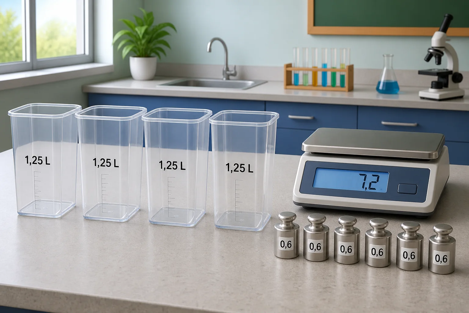 Laboratorio escolar con cuatro recipientes iguales rotulados 1,25 L, una balanza digital que marca 7,2 y seis pesas iguales de 0,6.