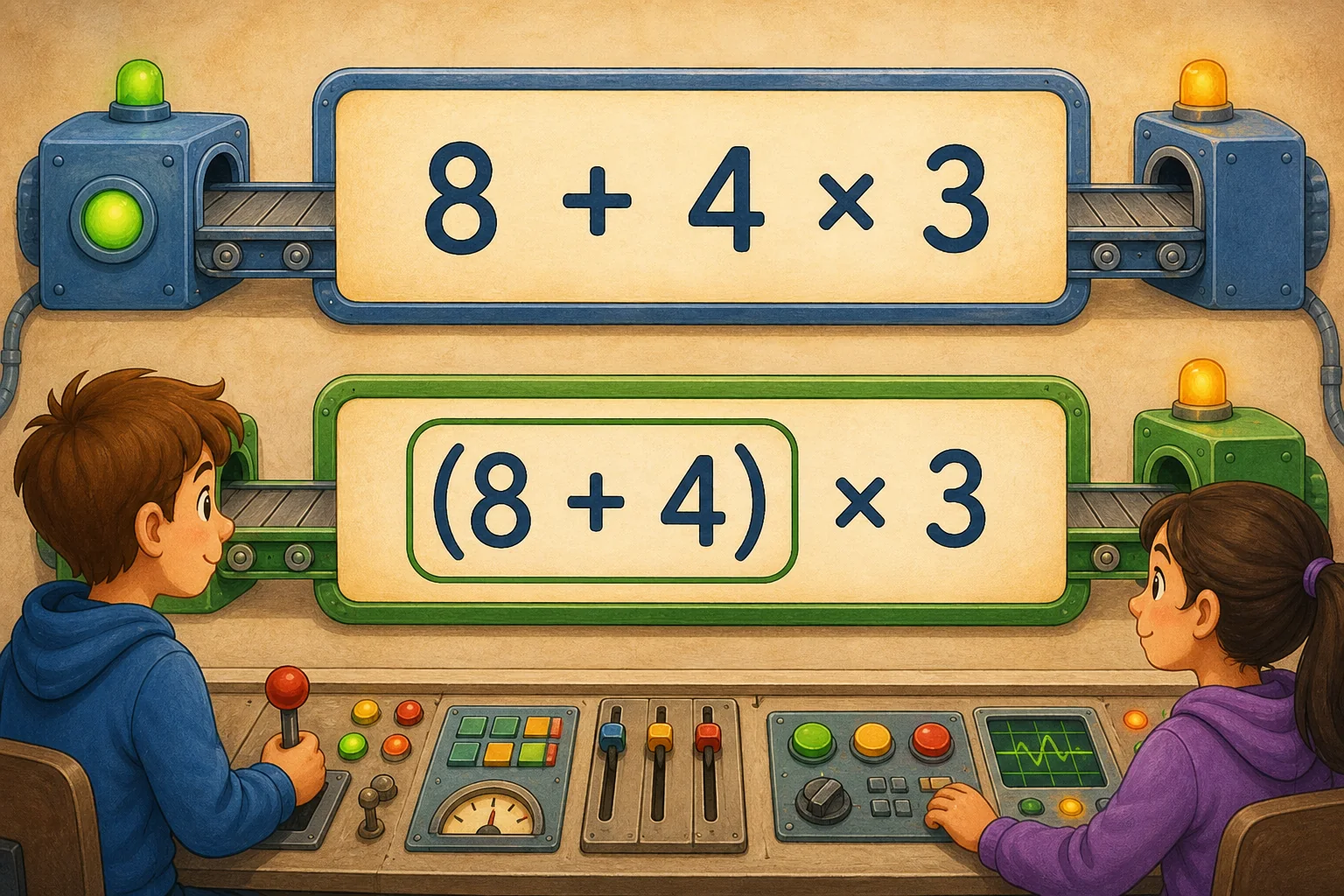 Dos recorridos de una sala de control usan los números 8, 4 y 3: el superior muestra 8 + 4 × 3; el inferior enmarca 8 + 4 antes de × 3.